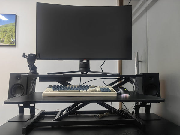 English Elm 32 32 Inch Desk Converter Height Adjustable Sit-Stand Riser Dual Monitor Laptop Workstation, 30lb Capacity, Wide Tray, Black W2641P192319
