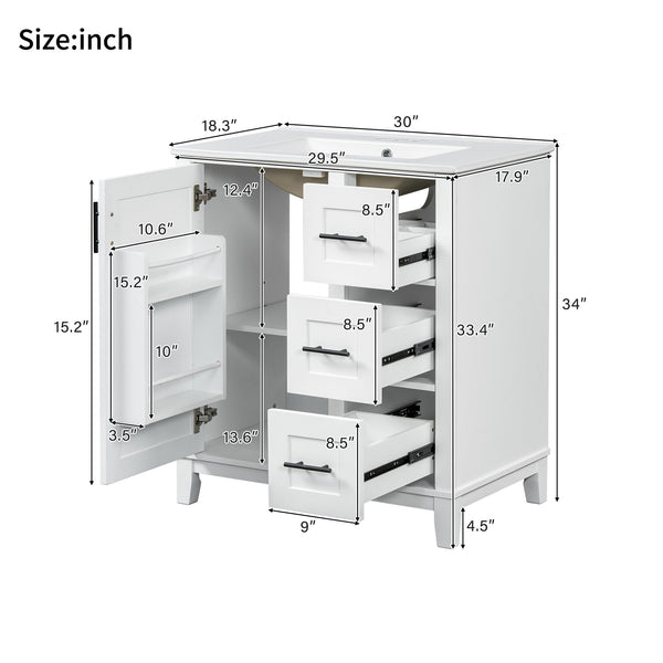 English Elm 30-inch Modern Bathroom Vanity with Ceramic Basin, Rubberwood Frame, Soft-Close Drawers & Organized Storage White N729P290689K