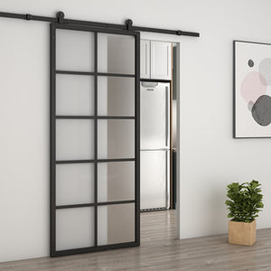 English Elm 30 in Matte Black Steel Sliding Barn Door Frosted Glass Privacy Panel with Hardware B2763P483219