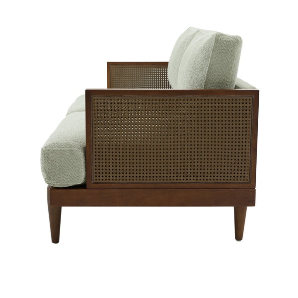 English Elm Emir Three Seat Boucle Sofa with Handwoven Cane Arms and Walnut Tapered Legs Light Green N773P285909G