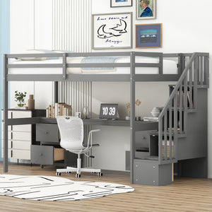 English Elm Twin Loft Bed with Built-In Desk and Double Storage Drawers, Pine & MDF Frame for Small Rooms Gray GX000382AAE
