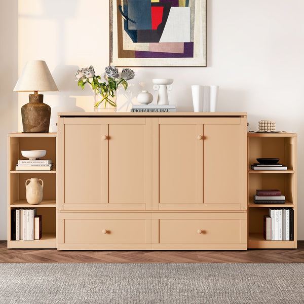 English Elm Full Golden Murphy Bed with Storage Drawers & Shelves, Space-Saving Wall Cabinet for Guests W1580S00254