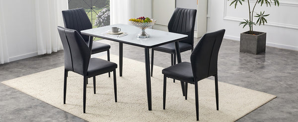 English Elm Table and Chair Set with Marble Glass Top Conical Legs and Four Pu Dining Seats W1151S04661