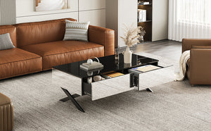 English Elm Rectangular Mirrored Coffee Table 47.3″ with Black High-Gloss Top, Metal Base & 2 Drawers Storage N735P350387B