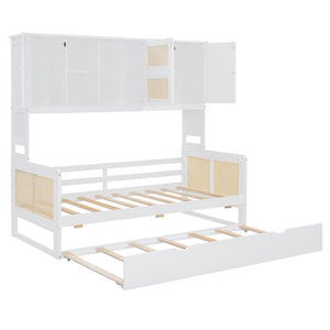 English Elm Twin Size Wooden Daybed With Trundle, Integrated Storage Cabinet & Modern White Finish For Space-Saving N820S00048K-GIGA