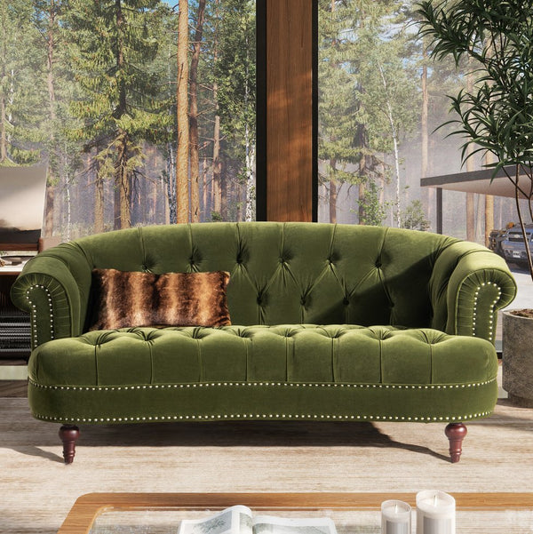 English Elm Jennifer Taylor Home - La Victorian Chesterfield Loveseat in Luxurious Velvet with Nailhead Trim, Solid Hardwood Frame, 70" Olive Green B2719P238185