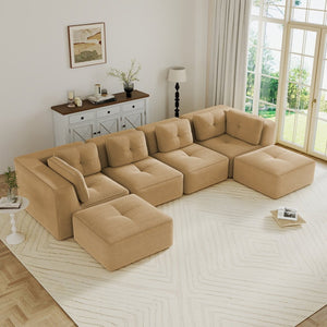English Elm Modern Corduroy U-shaped Sectional with Deep Seating Two Ottomans Tufted Detail Camel W714S01788