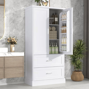 English Elm Tall White Mdf Bathroom Storage Cabinet with Adjustable Shelves and Two Lower Drawers N725S178675K