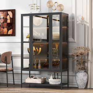 English Elm 67.25'' Tall Steel Curio Cabinet with Led Lighting and Tempered Glass Panels Black SN845P263995B