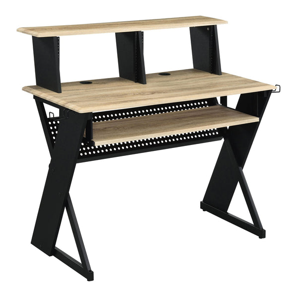 English Elm Natural Music Desk with Cord Management, Keyboard Tray, Hutch & Headphone Rack for Musicians - Efficient Organized Workspace, Natural/Black Finish B062P184577