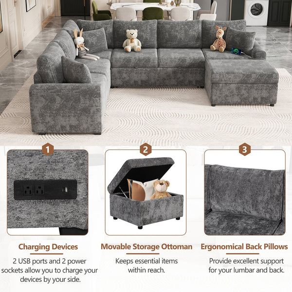 English Elm 112.2" Sectional Sofa Pull-Out Bed with Storage Ottoman, USB Charging, Pocket Spring Comfort, Tweed Chenille Upholstery Grey N719S001540E