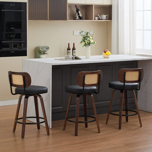English Elm Set of 3 Rattan Counter Stools with Cane Back and Swivel, Upholstered PU Seat, Walnut Finish, Ergonomic Comfort Black W1143P300159