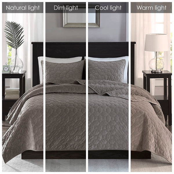 JLA Home Madison Park - 3 Velvet Quilt Set with Plush Polyester Velvet, Geometric Quilting, Antimicrobial Finish for Cozy Style Taupe MP13-3305