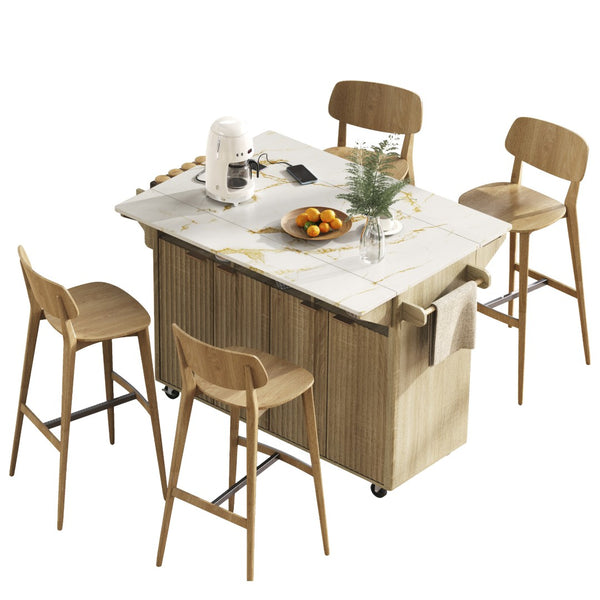 English Elm K&k Fluted Rolling Kitchen Island Faux Marble Top Power Outlet Storage Drawers Natural N707P353934Y
