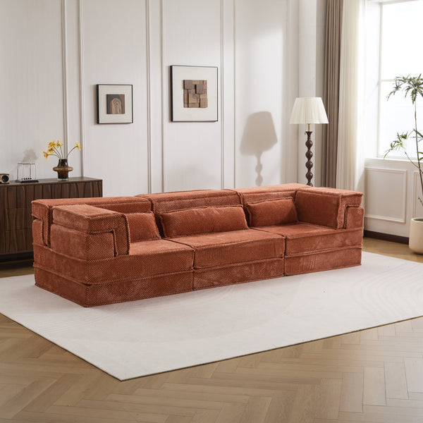 English Elm Compression Modular Sofa Bed - Oversized Convertible Sectional With Plush Fleece & 3 Pillows, Orange W3723S00018