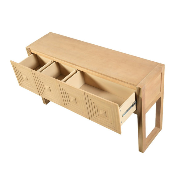 English Elm [video] Art Deco Console Table Geometric Carved Fronts Fluted Legs 3 Soft-close Drawers Light Brown N759P433572T