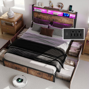 English Elm Full Metal Bed Frame with Rgb Led Headboard Shelving and Built-in Charging Ports T3963P482824