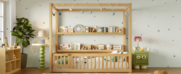 English Elm Twin House Floor Bed with Door and Full-Length Guardrails, Solid Wood Double Twin Floor Bed for Kids' Playful Rooms Natural W1580P359329