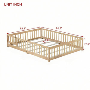 English Elm Queen Rubber Wood Floor Bed with Full Perimeter Safety Fence and Hinged Access Door Natural W504P429341