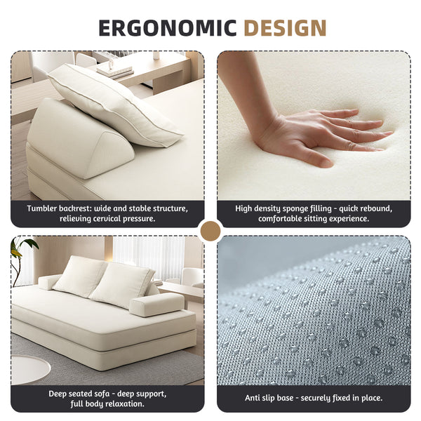 English Elm 86.6"Multifunctional Folding Sofa Bed with Chaise, Fluffy Chenille, Removable Backs & Pillows, Deep Seat Lounge Beige W3219P340665