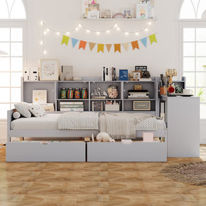 English Elm Full Full Size Daybed with Storage: L-Shape Wooden Frame, 3 Cabinets 2 Drawers, Desk & Bookshelf Gray N733S247077E