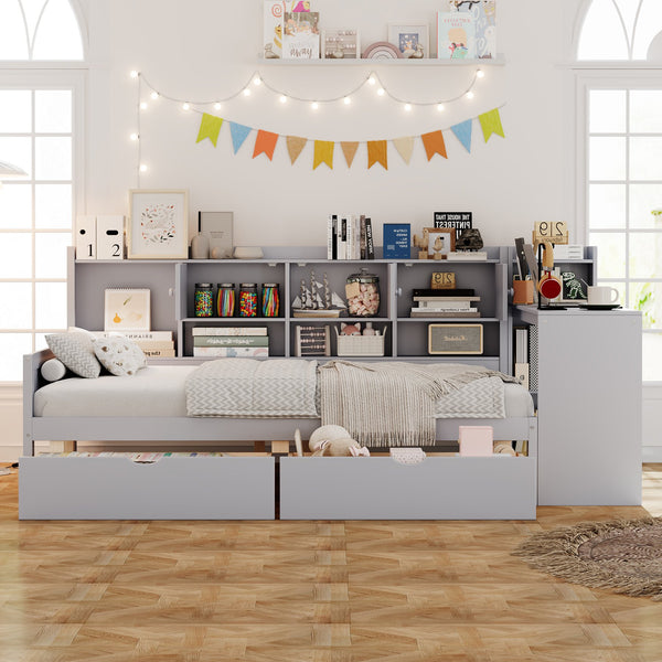 English Elm Full Full Size Daybed with Storage: L-Shape Wooden Frame, 3 Cabinets 2 Drawers, Desk & Bookshelf Gray N733S247077E