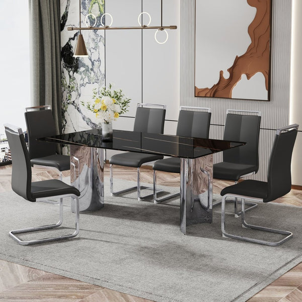 English Elm Table With Glass Top & 6 Black Pu Chairs - Modern Marble Design, Stainless Steel Legs, Easy Clean W1151S02608-GIGA