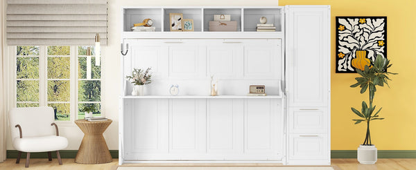 English Elm Queen Murphy Wall Bed with Integrated Wardrobe and Drawers for Studio or Guest Room White LP000793AAK-2
