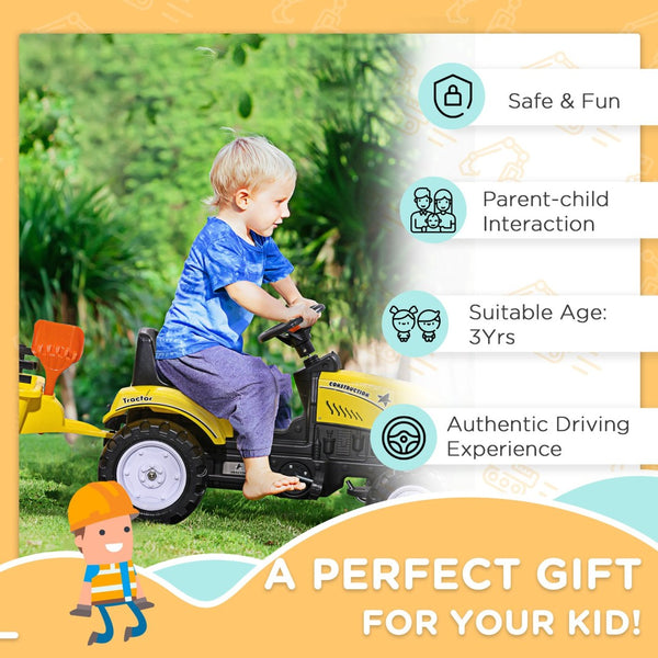 English Elm Aosom Kids Pedal Tractor with Rear Trailer Shovel Rake and Horn for Backyard Fun W2225P217065