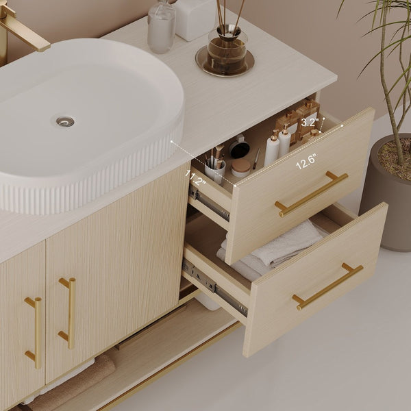 English Elm 47.2" Freestanding Bathroom Vanity Wood Tone Cabinet Ceramic Vessel Sink Gold Legs W3136S00082