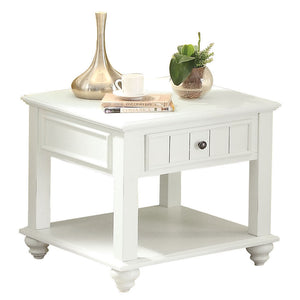 English Elm White Washed End Table with Drawer and Open Shelf, Trim Molding, Classic Square & Bun Legs, Timeless Elegance B062P191044