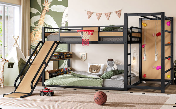 English Elm Twin Metal Loft Bed with Slide Basketball Hoop Climbing Wall and Built-in Shelves W1580S00632