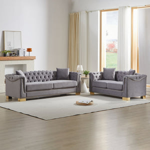 English Elm 3-seater and 2-seater Chesterfield Velvet Sofa Set with Tufted Back Gold Stud Trim Grey W1926S00106