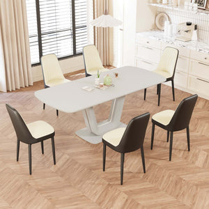 English Elm 62.99-78.74" Extendable Dining Table Set Seats 8 with Six Pu Upholstered Cushioned Chairs Beige+Grey,Black W2189S00857