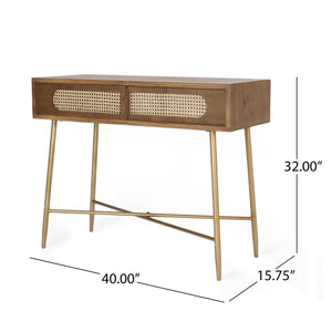 English Elm Christopher Knight Home® - CONSOLE Table Antique Gold Metal & Wood with Rattan Accents, Sliding Doors, Rustic Glam Hallway Piece 71095.00ANTGLD