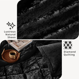 JLA Home Intelligent Design - Velvet Crushed Duvet Cover Set with Quilted Diamond Texture, Button Closure and Decorative Pillow Black ID12-1945