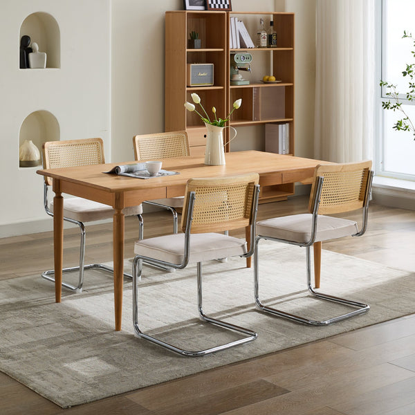 English Elm Mid Velvet Mid Century Dining Chair with Rattan Back, Solid Wood Frame, Plush Velvet, 360lb Capacity Beige W1143P168322