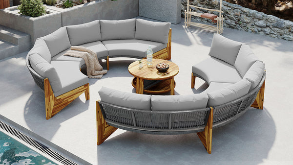 English Elm U_STYLE 6-Person Outdoor Seating Group with Acacia Coffee Table, Cushions, High-Density Foam Comfort Grey WY000428AAE