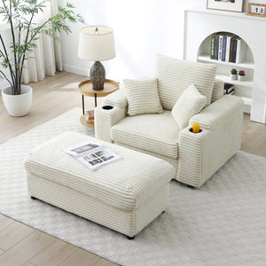 English Elm Oversized Corduroy Accent Chair with Ottoman Neck Pillow and Wide Armrests for Cozy Reading Cream W1117S00250