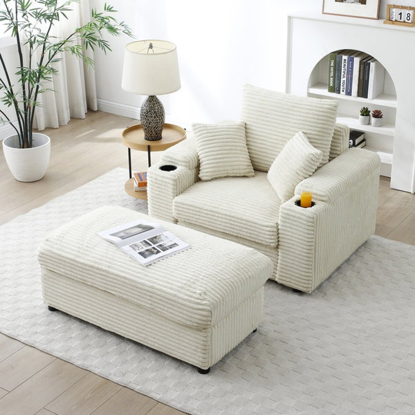 English Elm Oversized Corduroy Accent Chair with Ottoman Neck Pillow and Wide Armrests for Cozy Reading Cream W1117S00250
