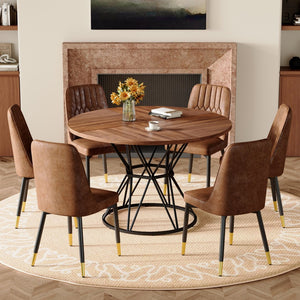 English Elm Table and Chair Set Round Walnut Mdf Top Six Seat Dining with Gold Accent Legs W1151S04846