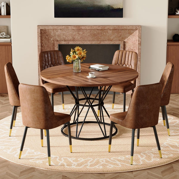 English Elm Table and Chair Set Round Walnut Mdf Top Six Seat Dining with Gold Accent Legs W1151S04846