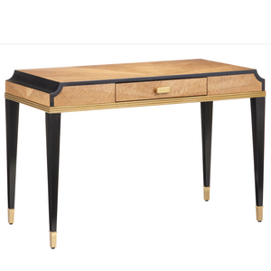 Kallista Modern Writing Desk with Taupe Finish, Polished Brass Accents & Stylish Distressed Design