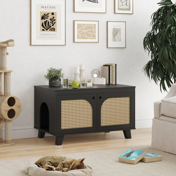 English Elm Flip Top Hidden Cat Litter Box Enclosure with Rattan Doors, Flip-Top Access, Odor Control, Stylish Table Ready Black T3623P354969