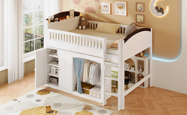 English Elm Twin Loft Bed with Wardrobe Cabinet Led Lighting and Pine Frame for Kids Rooms White N7090002235K