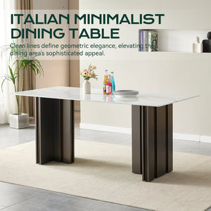 English Elm 69.30 Inch Rectangular Dining Table Marble Pattern Top with Polished Steel Legs Seats Six W3357S00002