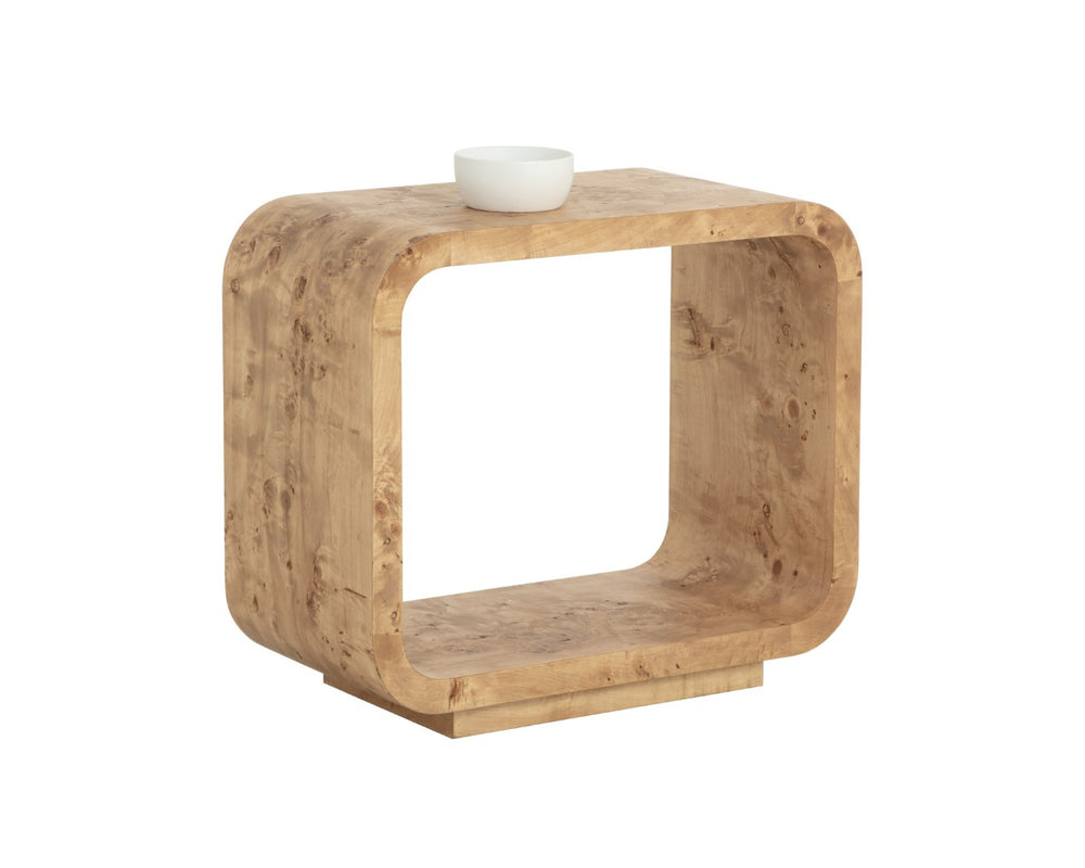 Sunpan ROWENA End Table - Modern Sculptural Design with Rich Burl Veneer for Sophisticated Living Spaces 112669