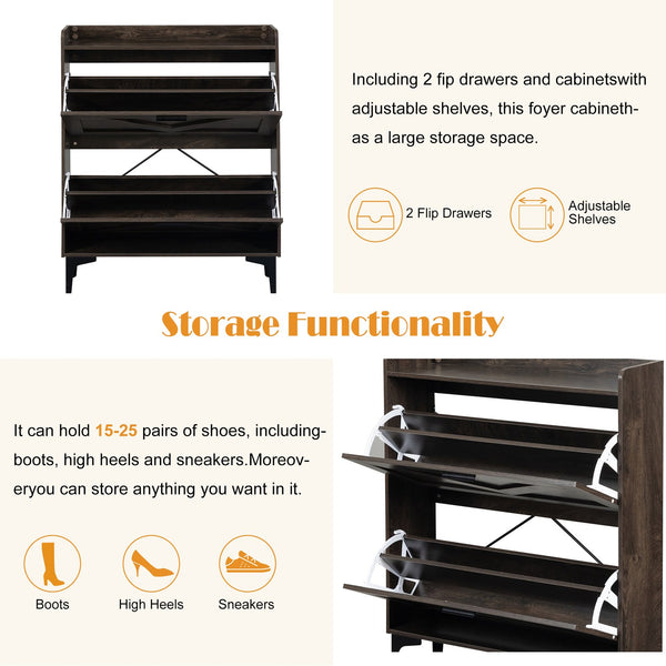 English Elm Shoe Cabinet with 2 Flip Drawers and Open Shelves, Slim Rustic Brown Entryway Organizer, Space-Saving Wood Storage W679P154753