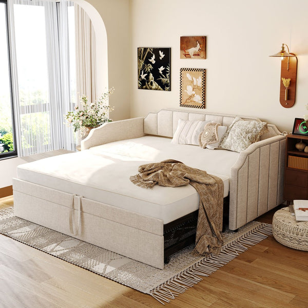 English Elm Twin Linen Upholstered Daybed with Pop up Trundle and Built in Usb Charging Beige SF000199AAA