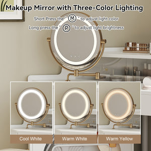 English Elm Corner Makeup Vanity Desk with 360° Rotating LED Mirror, Adjustable Brightness, L-Shaped Corner Design and Pull-Out Storage for Small Spaces White N844P263663A